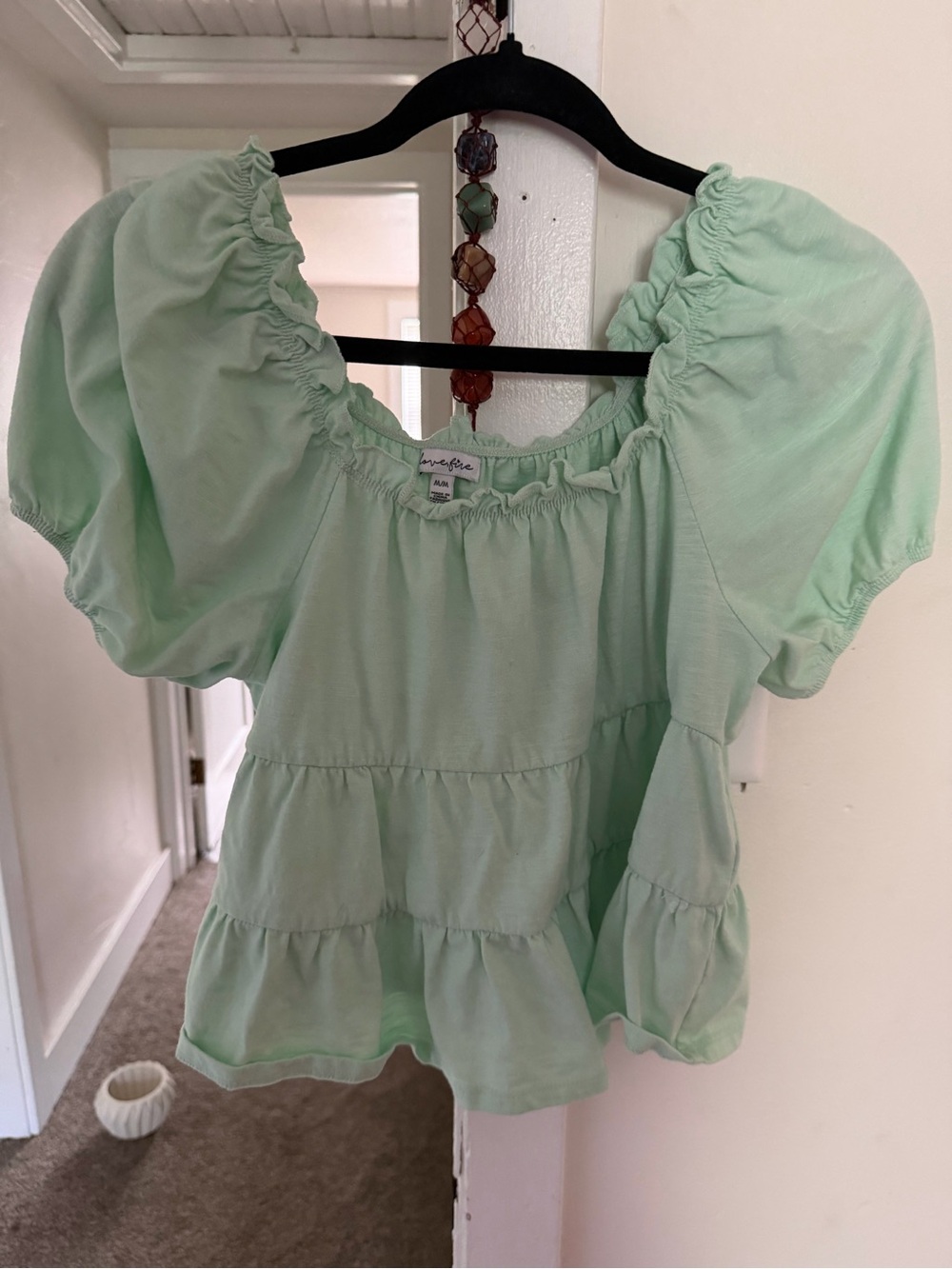 love, Fire Mint Green Puff Sleeve Peplum Blouse